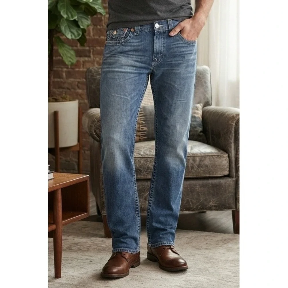 Vintage True Religion Ricky Jeans Men's 38 Straight Leg Blue Flap Pocket USA Y2K